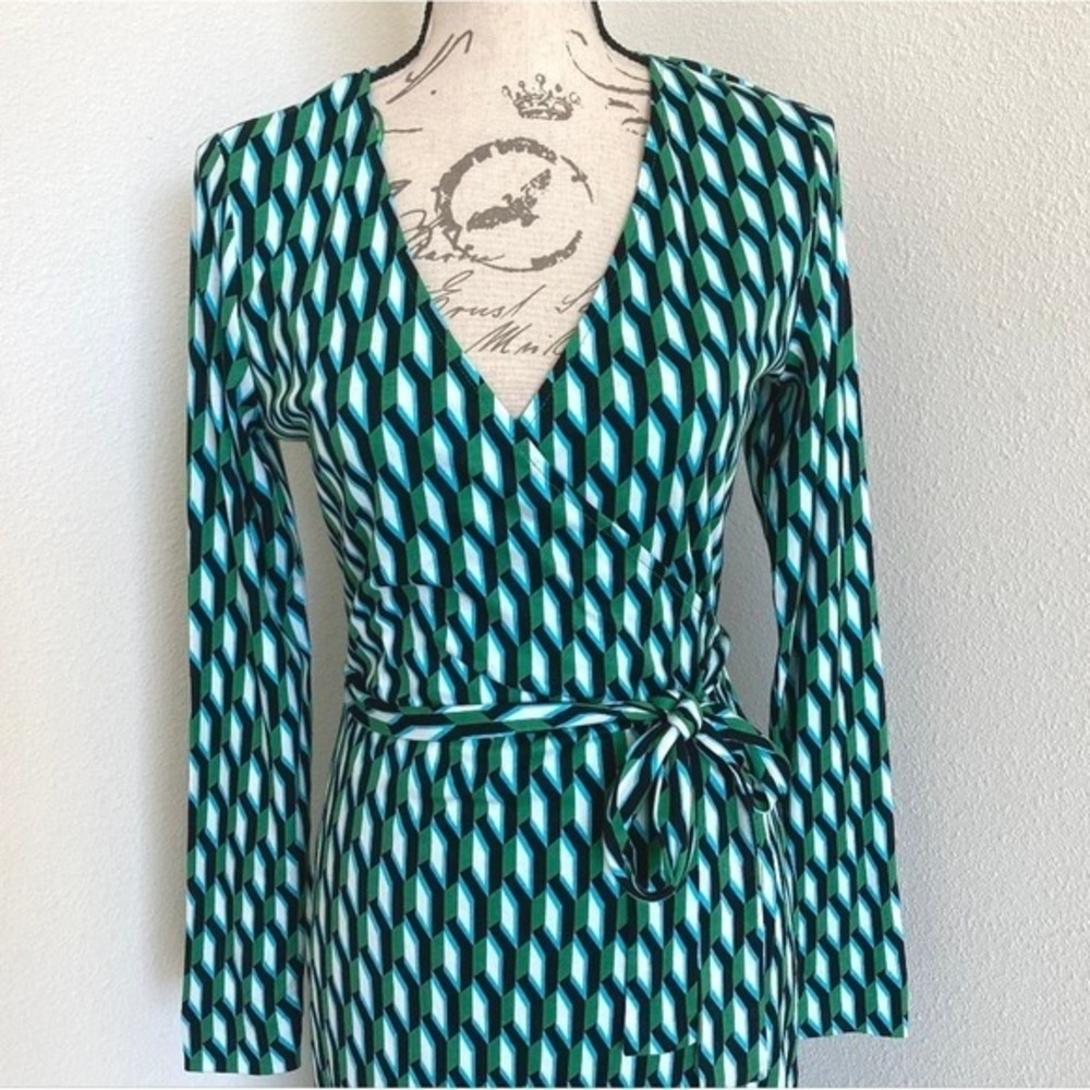 DVF For Target Arrow Geo Long Sleeve Midi Wrap Dress S Green Classic Career - Picture 5 of 17